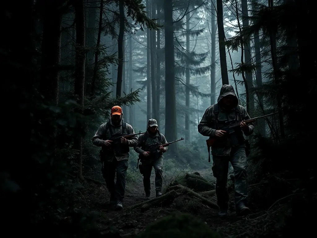 An image of a group of hunters in a forest, wearing appropriate hunting gear and carrying rifles, walking through a dense wooded area during a recreational hunting program organized by C4D.