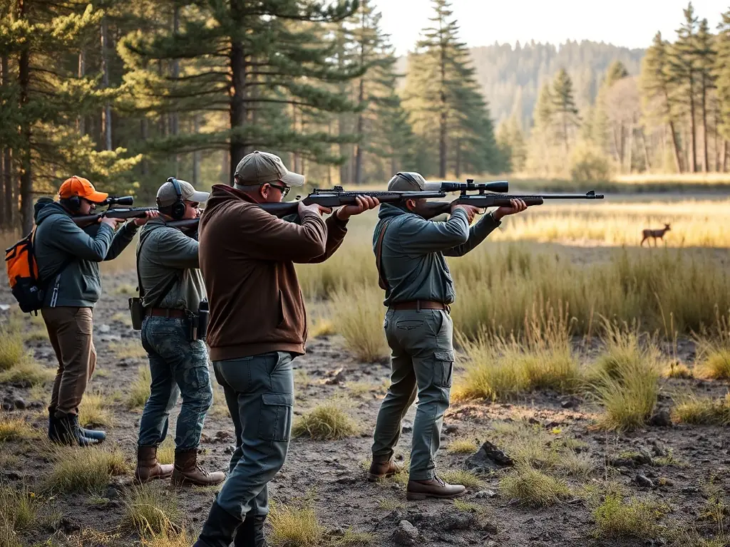 An image of a hunter aiming a rifle in a field, with a focus on safety and responsible hunting practices during a C4D recreational hunting activity.