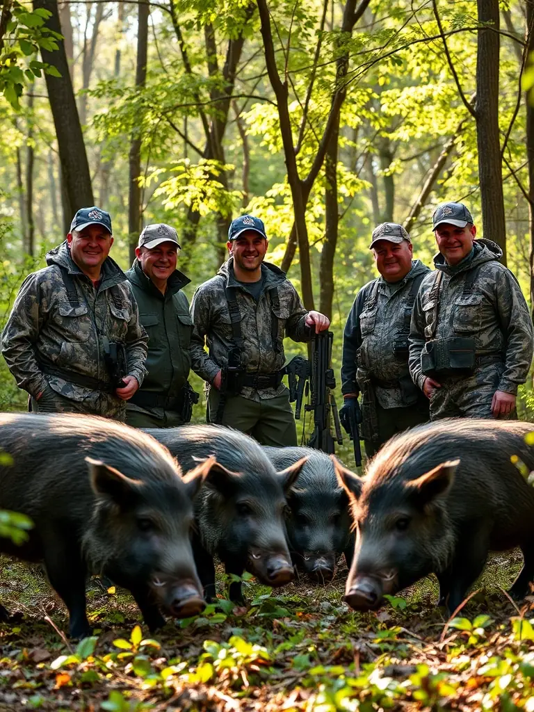 A photograph of a group of hunters in the Aude region, preparing for a wild boar hunt, showcasing the camaraderie and anticipation before the event.