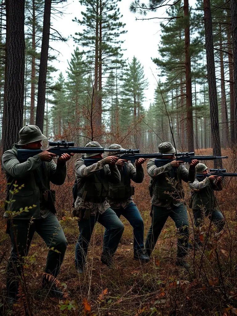 A photograph depicting a group of hunters in a forest setting, preparing for a wild boar hunt, with hunting dogs in the foreground, under a slightly overcast sky, emphasizing the camaraderie and anticipation of the event.