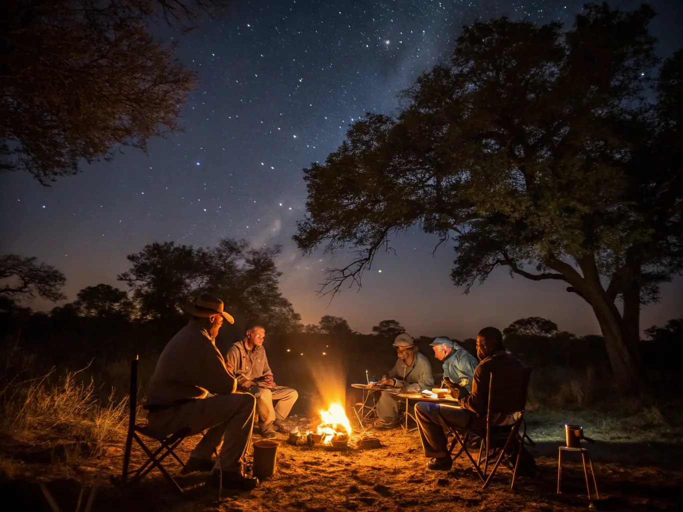 An image of a group of hunters gathered around a campfire, sharing stories and experiences after a day of recreational hunting organized by C4D.