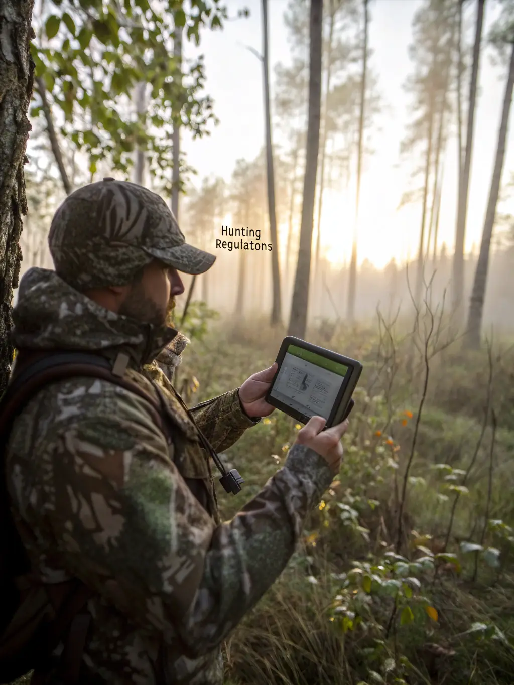 A picture of a hunter carefully tracking game in the forest, emphasizing the importance of responsible hunting practices and respect for wildlife.